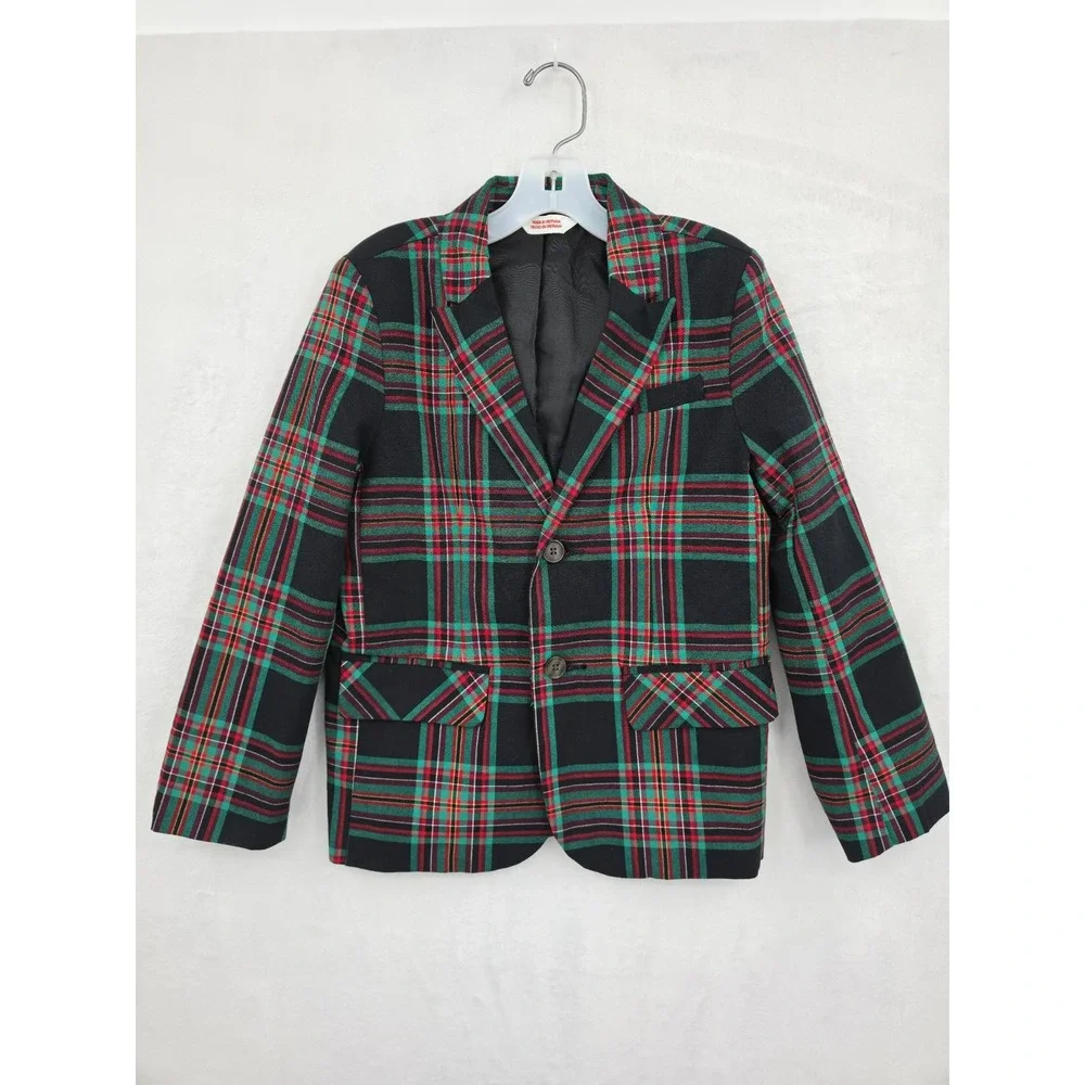 Boys Green Red Plaid Holiday Blazer Jacket Size 6 Cotton Stretch Preppy School